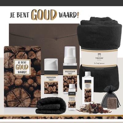 Geschenkset "Je bent goud waard!" - 7 Producten - 1400 Gram - Triomf Cosmetica | Cadeau Man Luxe Cadeaubox voor hem Cadeaupakket Fleece deken Bedankt Cadeau Kerst Verjaardag Vaderdag Vrijwilliger Vriend Collega Vader Trainer Kerstpakket Zwart
