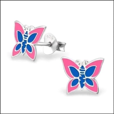 Aramat Jewels | Oorbellen | 925 Zilveren Vlinder Oorbellen 8mm Kinderen - Vlindertjes Oorstekers | Roze/Donker Blauw-9x8mm | |8mm | Zilver | Kinderen | Verkleurd niet