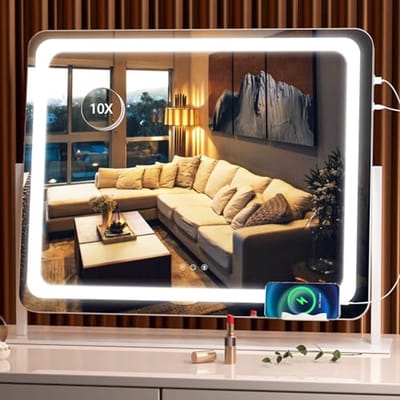 Verlichte make-upspiegel met 10-voudige vergroting en USB-oplaadpoort, Smart Touch, 3 kleuren - 61 x 45,7 cm