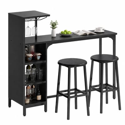 Xbro Bartafel met 2 Barkrukken – Industriële Bartafelset met Uittrekbare Planken en Glashouder – Bistrotafel voor Keuken, Woonkamer en Eetkamer,Zwart