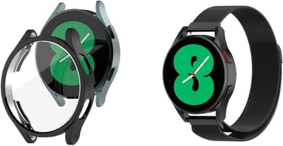 Strap-it Milanese Band + TPU Case (Zwart) - Geschikt voor Samsung Galaxy Watch 4 40mm - RVS Stalen Band - Magnetische Sluiting - Luxe & ademend ontwerp - Zwart