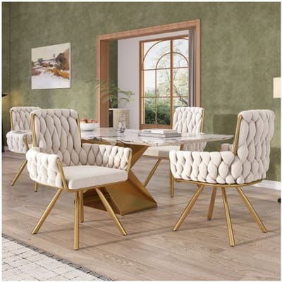 Eetkamerstoelen - MUVOE - Set van 4 - Beige fluweel - 360° draaibaar - Armleuningen beige