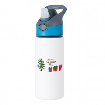 Hacebo® - Kerst kerstboom met cadeautjes met eigen naam waterfles met rietje blauw - Kerstmis - Kerst beker - winter - kerst - christmas - kerst cadeau - water fles - 650ML