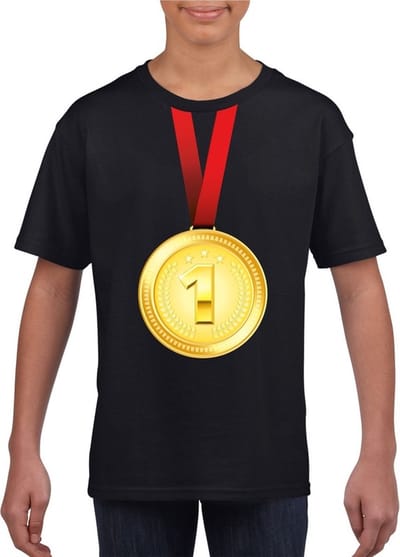 Gouden medaille kampioen shirt zwart jongens en meisjes - Winnaar shirt Nr 1 kinderen 110/116