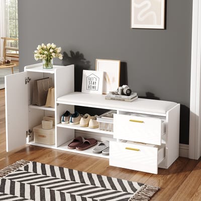 DESMIU Schoenenkast - Hoogglans Schoenbank Met 2 Lades En 1 Kast - Voor Hal En Woonkamer - Spaanplaat - 128x30x68 Cm - Wit