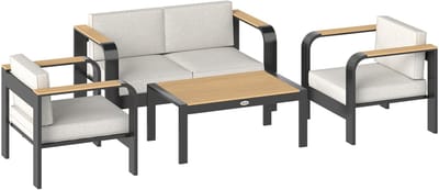 Balkonset 4 personen - Tuinset - Bistroset - Beige + Zwart Grijs + Teak - Weerbestendig - 4 delig - 4 stoelen - 4 personen - Gecoat staal - Aluminium