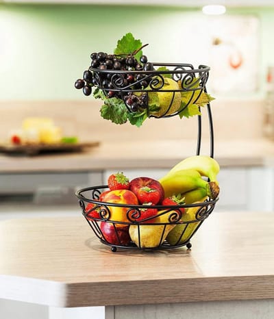 Fruitmand Toren - Etage Fruithouder - Keuken Organiseren - Twee Verdiepingen - 25 x 31.5 cm - Zwart