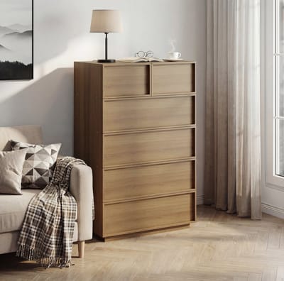 FloraGrace Dressoir - Minimalistische Ladekast Met Zes Lades - Voor Woonkamer Slaapkamer En Hal - MDF En Spaanplaat - 80x48x127,5 Cm - Eikenkleur