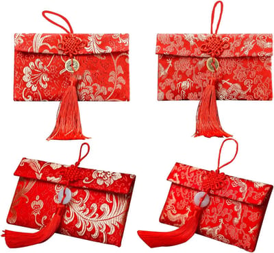 4 Stuks Zijde Rode Enveloppen voor Geluk, Chinese Hongbao voor Nieuwjaar en Trouwerijen, Met Borduurwerk en Knopen, Geschikt voor 100 Briefjes