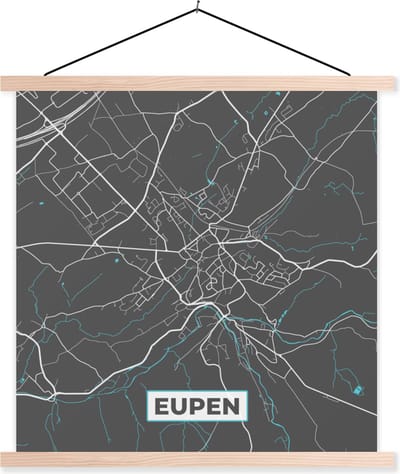 Posterhanger incl. Poster 40x40 cm - Schoolplaat - Stadskaart – Grijs - Kaart – Eupen – België – Plattegrond - Textielposter - Blanke latten - Stadskaart