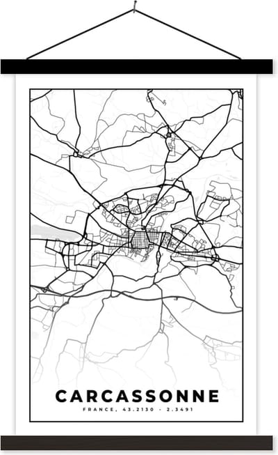 Posterhanger incl. Poster 40x60 cm - Schoolplaat - Kaart - Plattegrond - Frankrijk - Stadskaart - Carcassonne - Zwart wit - Textielposter - Zwarte latten - Stadskaart