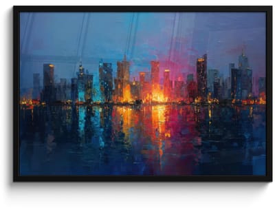 Poster in lijst - Fotolijst 90x60 cm - Posters - Skyline - Penseelstreken - Donkerblauw - Lichtgevend - Posterlijst zwart - Decoratie - Wanddecoratie woonkamer - Muurdecoratie slaapkamer