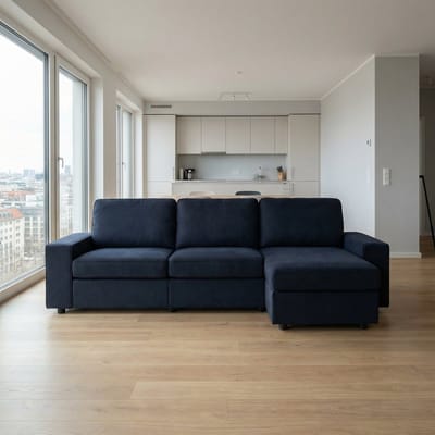 MODFU Hoekbank Met Opbergruimte En Ottomane - Pocketvering - Modern - Voor Woonkamer - Polyester - Zwart - 245,5 Cm
