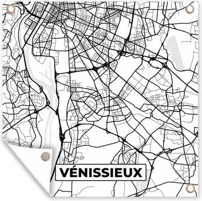 Tuin poster Kaart - Stadskaart - Frankrijk - Plattegrond - Vénissieux - Zwart wit - 200x200 cm - Tuindoek