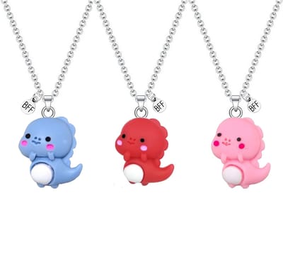 Bixorp Friends BFF Ketting voor 3 met Schattige Dino - Rood, Blauw & Roze - Dinosaurus met ei - 45cm + 5cm verstelbaar