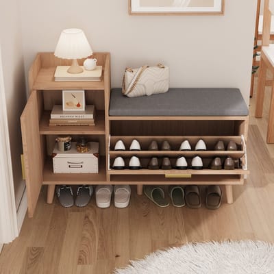 Klassieke schoenenkast, retro-stijl schoenenbank voor 6-10 paar schoenen, schoenenbank voor de entree, met kussen, klepdeur en verstelbare planken, hoogwaardig MDF-materiaal