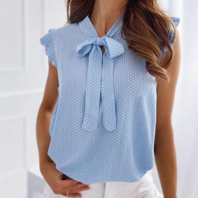Vrouwen Zomer Elegante Ruches Mouwloze Polka Pot Lace Up Tie Bow Blouses en Shirts Casual Oversize Tops Sexy Trui Tuniek S blauw