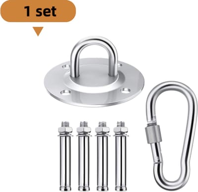 1 set - Schommelhaken - RVS bevestigingsplaat - Aerial yoga hangplaat hangmat - Hangstoel accessoires - Ronde plaat + veiligheidsveerhaak - Zilver