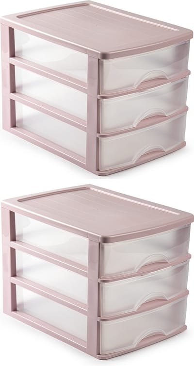 Plasticforte Ladeblok - 2x stuks - roze - 3 lades - L35,5xB27xH26 - bureau organizer