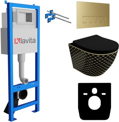 LAVITA® Inbouwreservoir Complete Toiletset LAV 101 - Inbouw WC Hangtoilet Wandcloset SOFI BLACK NIGHT BLACK Zwart Mat - Bedieningsplaat 200.3.5 Gouden - Voorwandelement voor toilet 40cm - Installatiesysteem