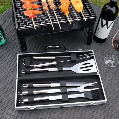 BBQ Gereedschap SET - 6 Delig in Koffer - Barbecue - BBQ - Grill - Tang Spatel Grijptang Mes Vleesvork Insmeerborstel