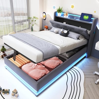 Kinderbed 90x200 cm met LED en USB - Gestoffeerd multifunctioneel eenpersoonsbed - Grijs - Hydraulische opbergruimte - Opklapbaar hoofdbord - Handytasjes