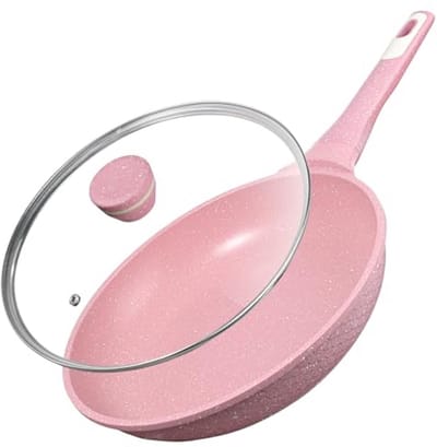 Koekenpan met Deksel - Koekenpan Graniet - Vetvrij Braden - Alle Warmtebronnen - 28 cm - Roze
