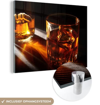 MuchoWow® Glasschilderij 120x90 cm - Schilderij acrylglas - Glazen - Whiskey - Drank - Foto op glas - Schilderijen