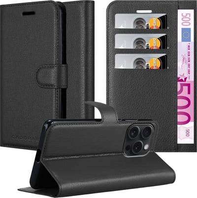 Cadorabo Hoesje geschikt voor Apple iPhone 15 PRO MAX in PHANTOM ZWART - Beschermhoes met magnetische sluiting, standfunctie en kaartvakje Book Case Cover Etui