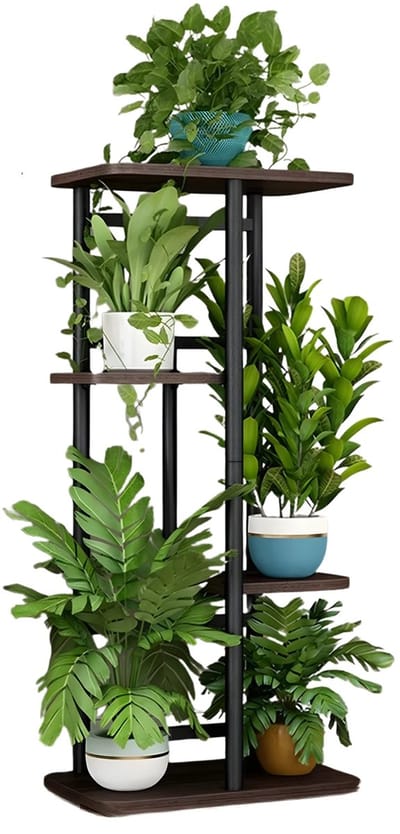 Bloemenstandaard - Voor Binnen, Terras, Balkon & Tuin - Hoge Plantenhouder met Antislip Hoek - Metaal met Houten Versterkte Basis - 4 Tier