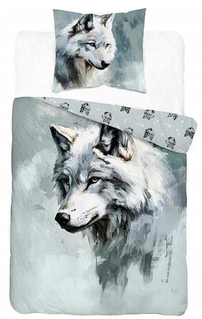 1-persoons dekbedovertrek (dekbed hoes) grijs met wolf in aquarel geschilderd (tekening wild dier) KATOEN eenpersoons 140 x 200 cm (stoere beddengoed natuur slaapkamer)