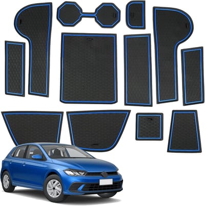 Non-slip rubberen matten voor VW Polo MK6 2017-2025, ideaal voor middenconsole, bekerhouder en deurgroeven, blauw