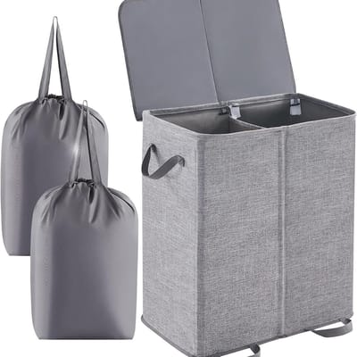 Dubbelcompartiment Wasmand met Afneembare Binnenzak 140L/136L, Geschikt voor Badkamer, Slaapkamer en Wasruimte, Met Deksel en Opbergruimte