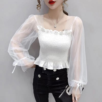 Chemisier court à manches bouffantes et taille élastique pour femme, haut court à col carré, noir et blanc, style féerique, avec lacets et nœud, printemps-été XL blanc