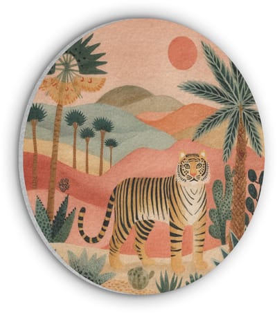 Akoestisch wandpaneel rond 30x30 cm - Vilt schilderij Tijger - Palmen - Cactus - Oranje - Ronde akoestische panelen - Geluidsdempende wanddecoratie - Geluidsisolatie wandcirkel - Muurdecoratie geluidspanelen