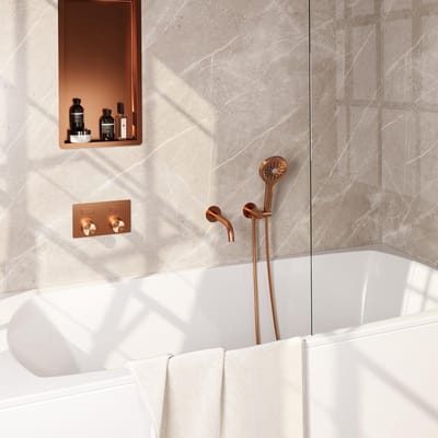 Brauer Copper Carving Thermostatische Inbouw Badkraan Drukknoppen - Uitloop - 3 stand - Doucheslang - Wandaansluitbocht - Handdouche - Koper Geborsteld Pvd