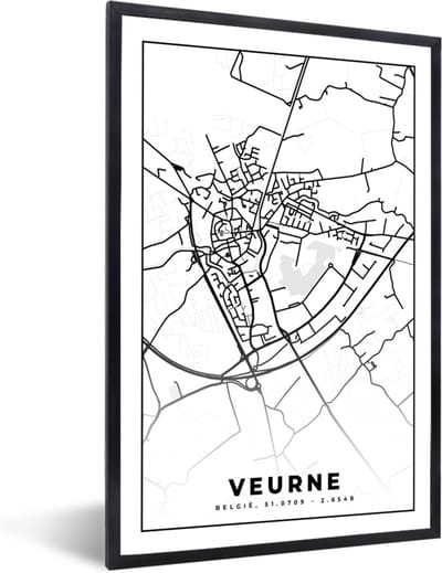 Fotolijst incl. Poster Zwart Wit- België – Veurne – Stadskaart – Kaart – Zwart Wit – Plattegrond - 40x60 cm - Posterlijst