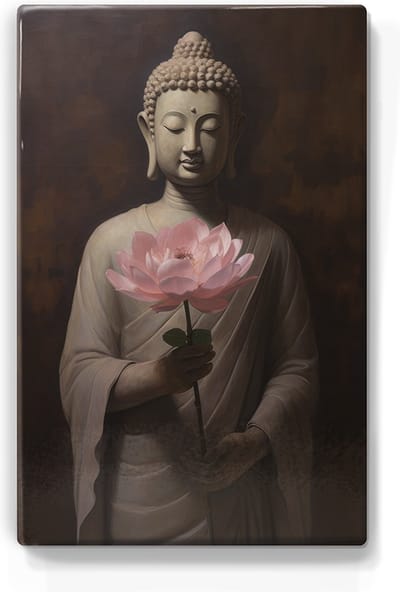 Boeddha met bloemen - Laqueprint - 19,5 x 30 cm - Niet van echt te onderscheiden handgelakt schilderijtje op hout - Mooier dan een print op canvas. - LP517