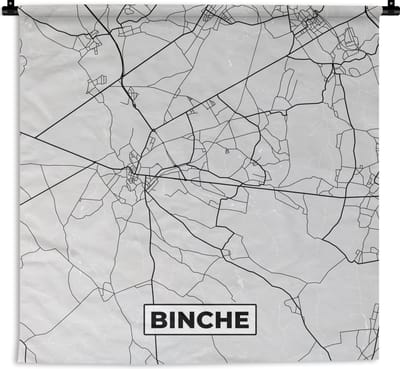 Wandkleed - Wanddoek - Zwart Wit – België – Plattegrond – Stadskaart – Kaart – Binche - 180x180 cm - Wandtapijt