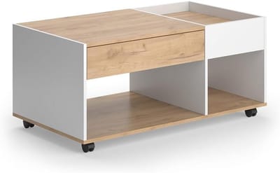 Moderne Salontafel met Lade en Wieltjes in Eiken/Wit