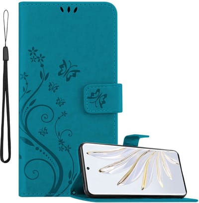 Cadorabo Hoesje geschikt voor Honor 70 in BLOEMEN BLAUW - Beschermhoes in bloemmotief met magnetische sluiting, standfunctie en kaartsleuven Book Case Cover Etui