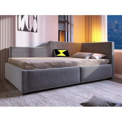 ModernLuxe Opbergbed 90x200cm - Fluwelen slaapbank - met leeslampje en oplaadpoorten - met lattenbodem - Grijs