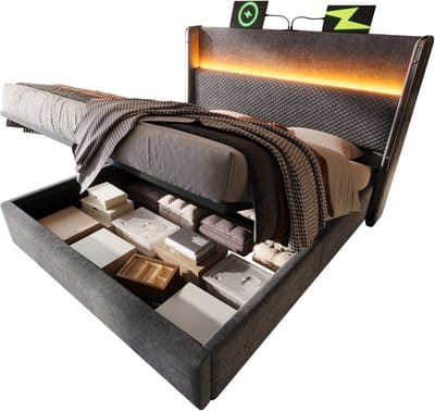 Wishdor Hydraulisch Tweepersoonsbed 140 x 200 cm – Hoog Hoofdbord – LED met 60.000 Kleuren – Inclusief 7-Zones Topmatras – USB en USB-C Laadpunt – Verborgen Opbergvak – Linnenlook Grijs