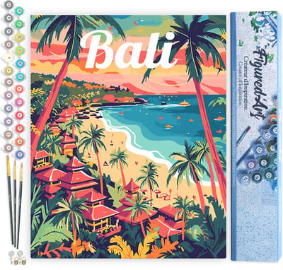 Figured'Art Schilderen op Nummer Volwassenen canvas Reisposter Bali - Handwerk acrylverf Kit DIY Compleet - 40x50cm zonder frame
