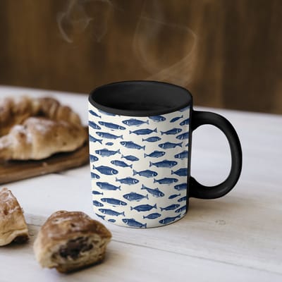 Magische Mok - Foto op Warmte Mokken - Koffiemok - Vissen - Patroon - Blauw - Wit - Magic Mok - Beker - 350 ML - Theemok