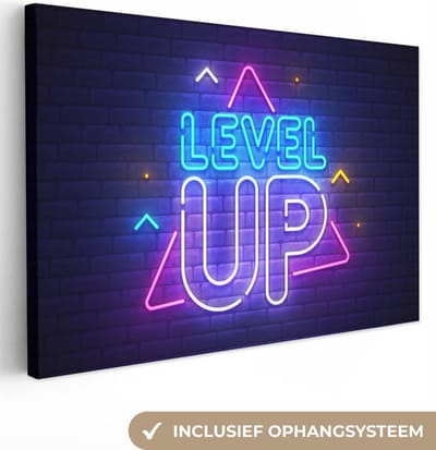 Canvas schilderij 30x20 cm - Wanddecoratie Gaming - Neon - Level Up - Quotes - Gamen - Muurdecoratie game room - Gaming kamer decoratie - Gameroom accessoires - Schilderijen