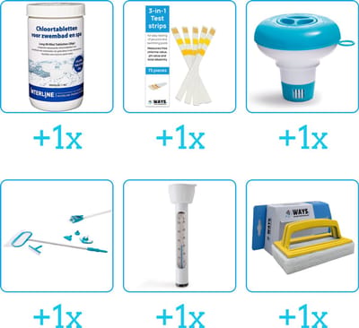 Zwembad Onderhoudspakket - Onderhoud Zwembad - bevat Chloor - Testrips - Chloordrijver - Schoonmaakset - Thermometer en Scrubborstel (6-delig)