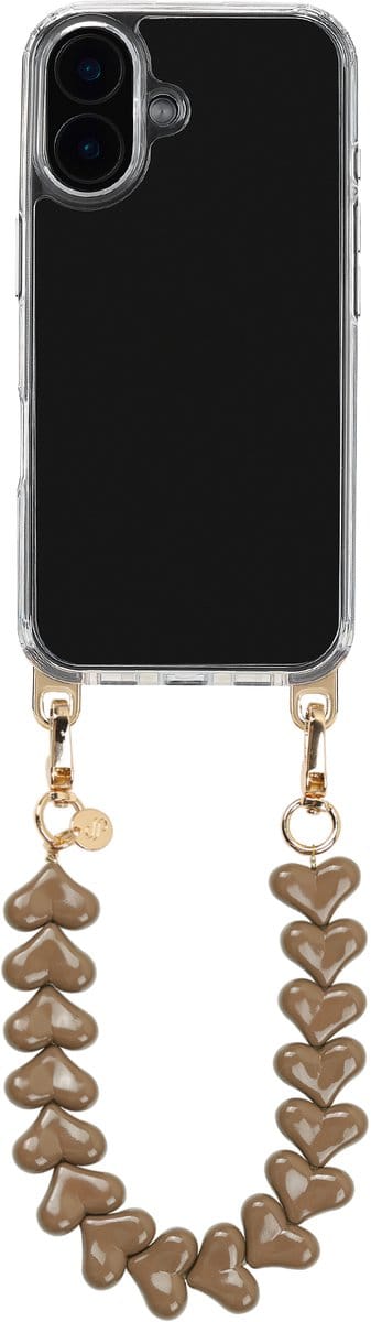 Selencia Transparant Hoesje met Haakjes inclusief Hartjes Polskoord - Geschikt voor Apple iPhone 16 - Mocha Brown