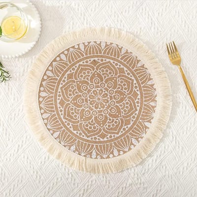 Ronde Geweven Jute Placemat Set van 2 met Boho Mandala en Kwastjes, Zwart en Wit, 38cm x 19cm, Perfect voor Tafeldecoratie en Eten