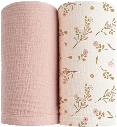 Babywikkeldekens - ademend - unisex - 2-pack - 100 x 100 cm - bloemenroze + nude roze